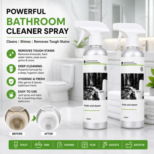 Two bottles of bathroom cleaner spray with product features and usage examples on a bathroom background.