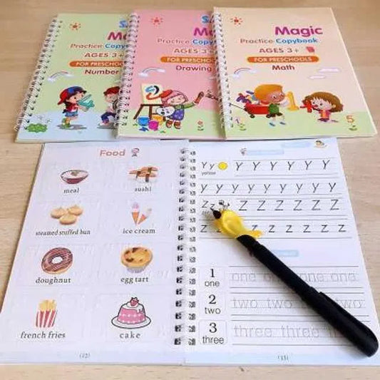 Magic Practice Copybook Set (4 Books + 10 Refills) — Reusable Number & Letter Tracing Book for Kids with Magic Pen