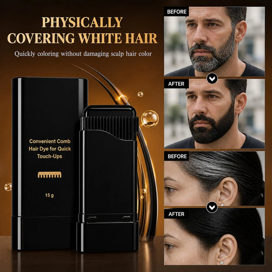 Hair dye product with before and after images of hair coloring on a brown background