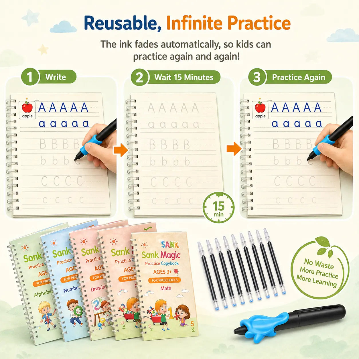 Magic Practice Copybook Set (4 Books + 10 Refills) — Reusable Number & Letter Tracing Book for Kids with Magic Pen