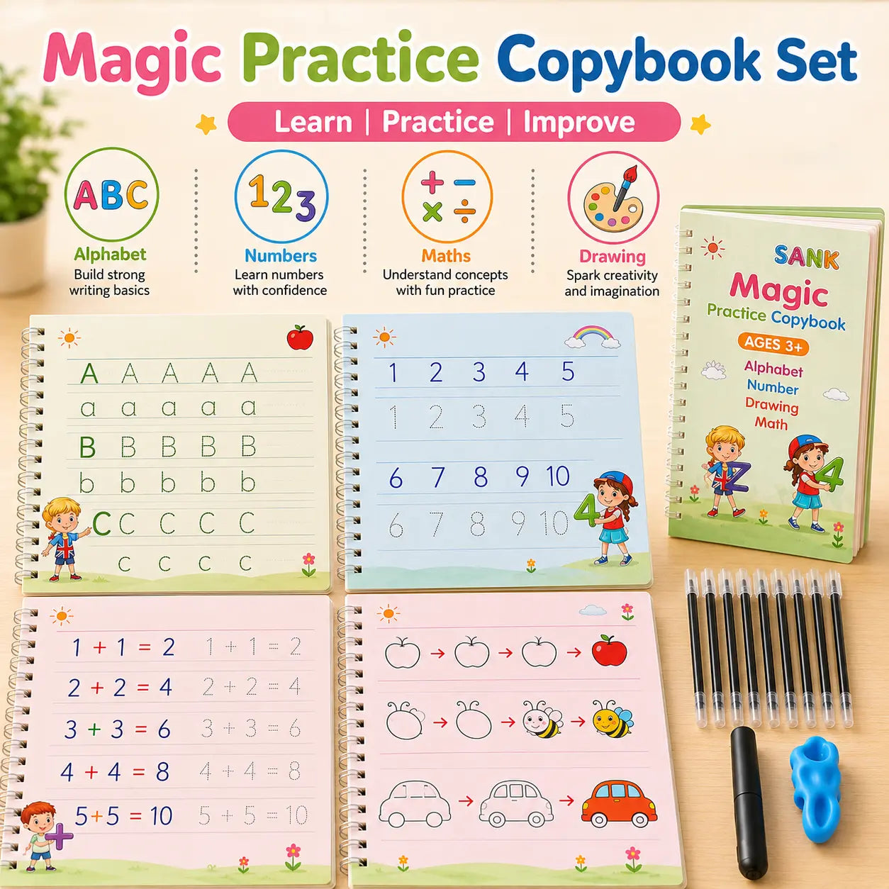 Magic Practice Copybook Set (4 Books + 10 Refills) — Reusable Number & Letter Tracing Book for Kids with Magic Pen