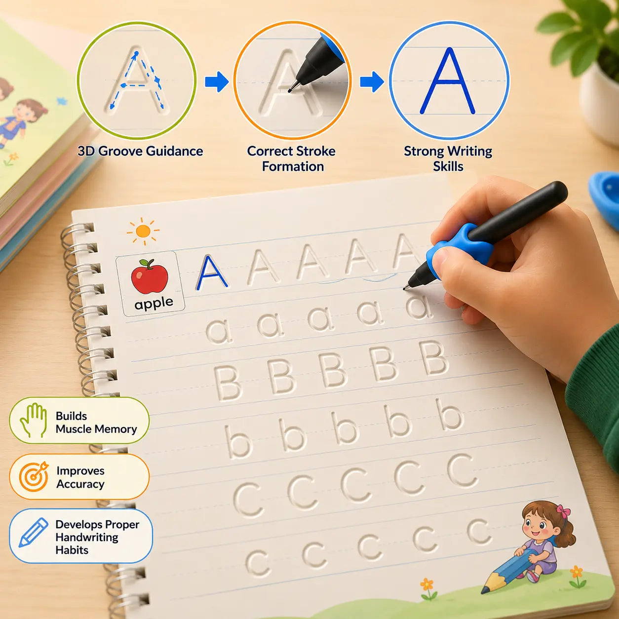 Magic Practice Copybook Set (4 Books + 10 Refills) — Reusable Number & Letter Tracing Book for Kids with Magic Pen