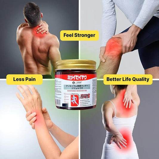 Product packaging with people experiencing pain in different parts of their body, labeled 'Less Pain', 'Feel Stronger', and 'Better Life Quality'.