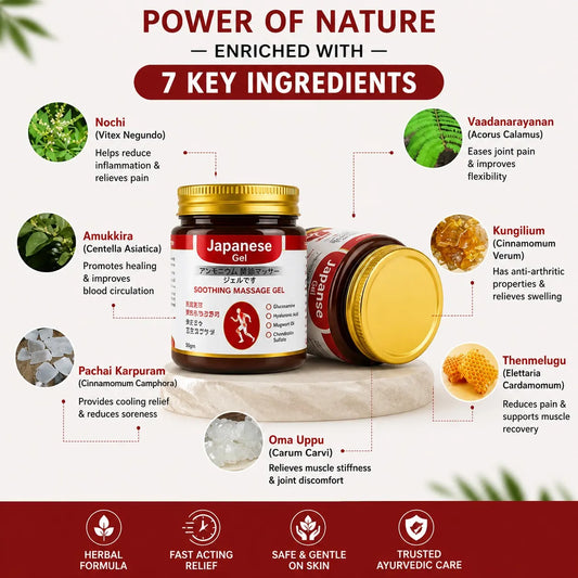Promotional graphic for Japanese Oil with 7 key ingredients and their benefits.