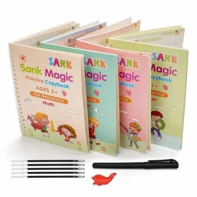 Magic Practice Copybook Set (4 Books + 10 Refills) — Reusable Number & Letter Tracing Book for Kids with Magic Pen