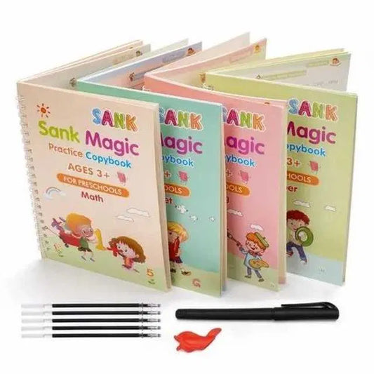 Magic Practice Copybook Set (4 Books + 10 Refills) — Reusable Number & Letter Tracing Book for Kids with Magic Pen