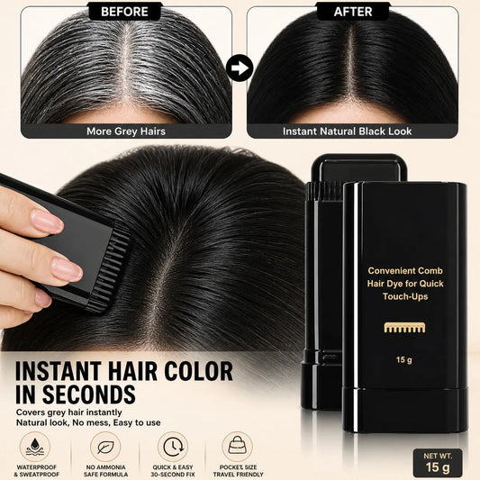 Hair color product with 'Before' and 'After' comparison, showing gray hair turning black.