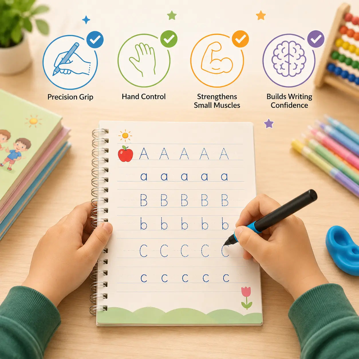 A child writing on magic practice copybook