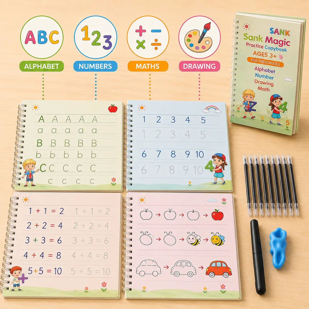 Child-friendly reusable practice copybooks showing alphabet, numbers, maths, and drawing activities with pen and refills, designed for multi-skill learning and repeated practice